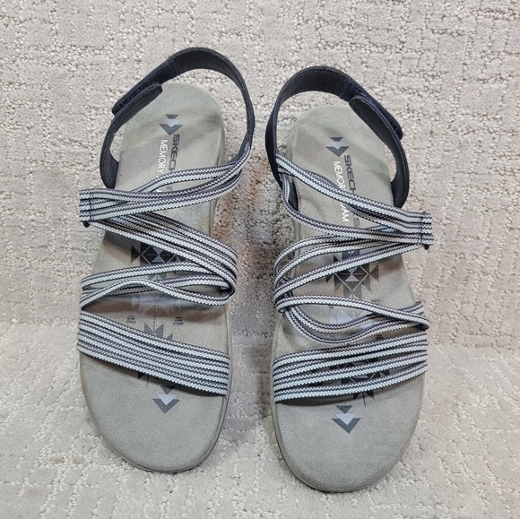 Skechers Women's Size 9 Raggae Slim Navy Blue Silver Memory Foam Slip On Sandals - Picture 1 of 12